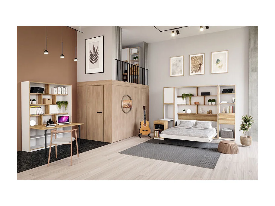 Étagère / Bureau rabattable L. 160 cm décor blanc et chêne - CONAN