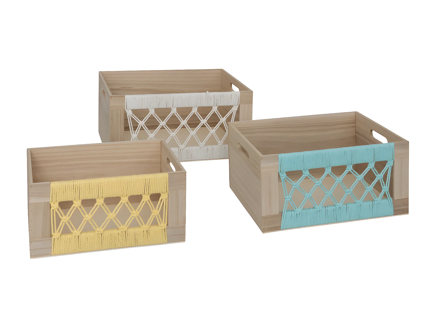 Lot de 3 Cagettes en Bois et Macramé L 36 L 32 et L 28 cm