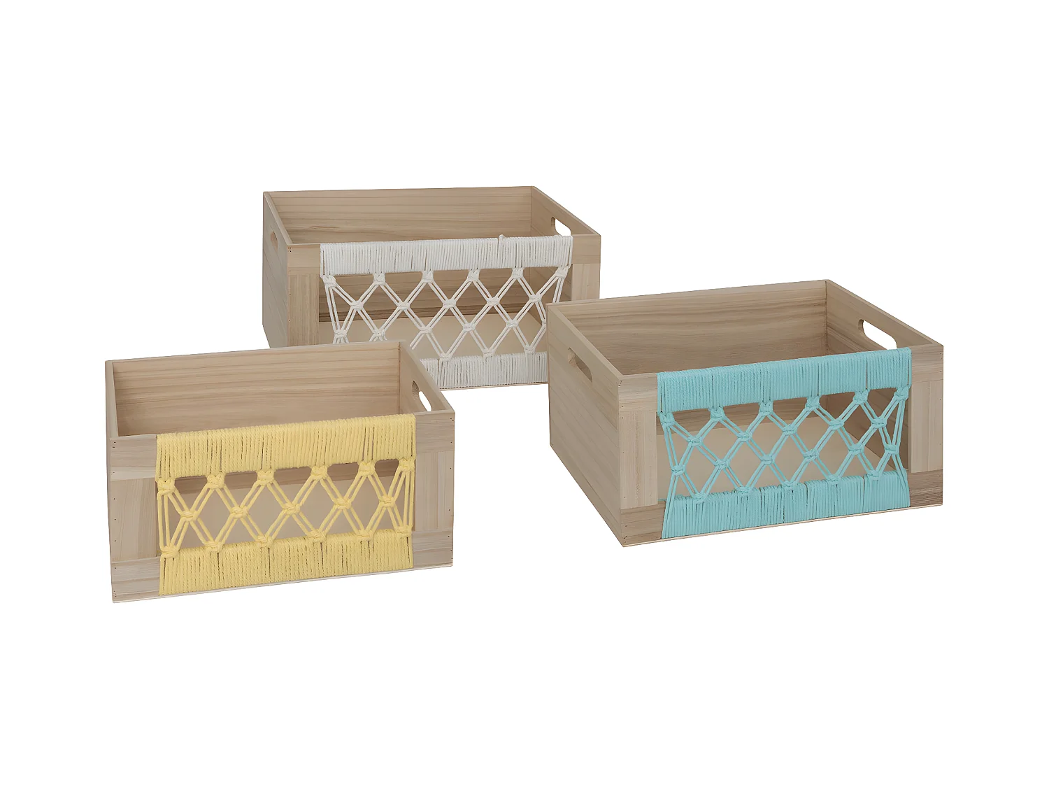 Lot de 3 Cagettes en Bois et Macramé L 36 L 32 et L 28 cm