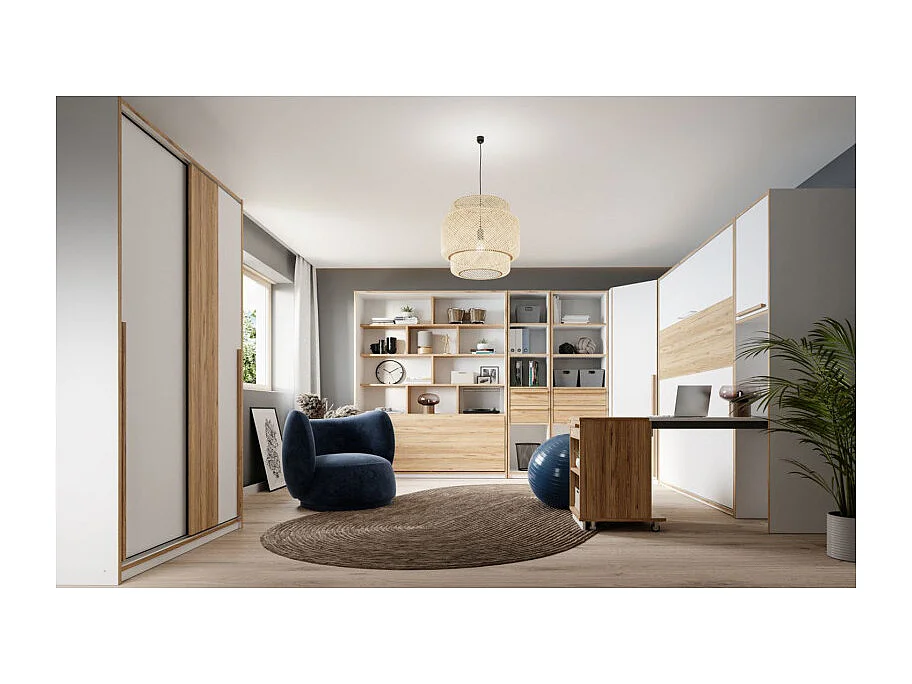 Colonne H. 215 cm avec bureau rétractable décor blanc et chêne - CONAN