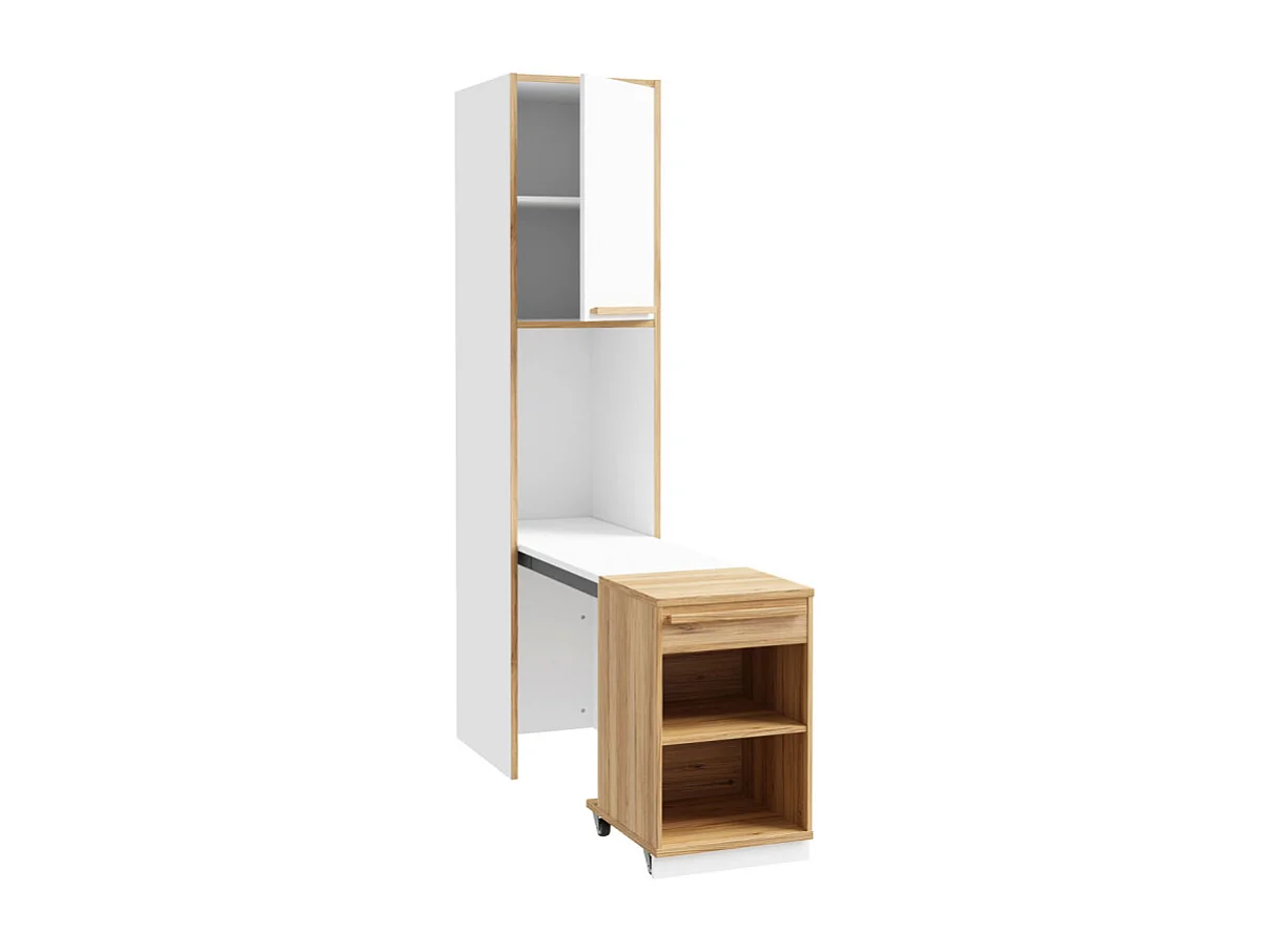 Colonne H. 215 cm avec bureau rétractable décor blanc et chêne - CONAN