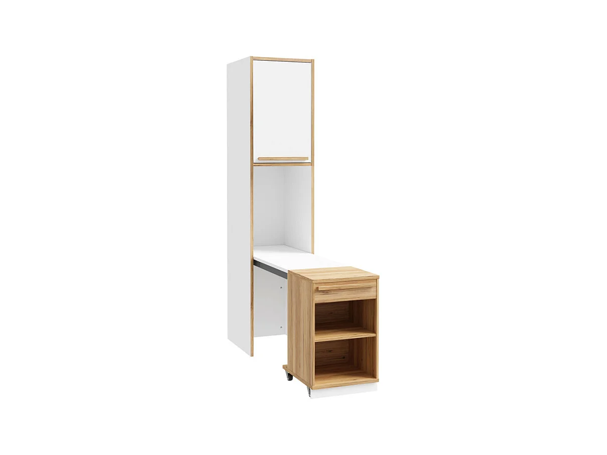 Colonne H. 215 cm avec bureau rétractable décor blanc et chêne - CONAN