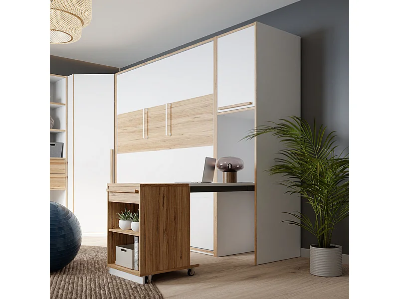 Colonne H. 215 cm avec bureau rétractable décor blanc et chêne - CONAN