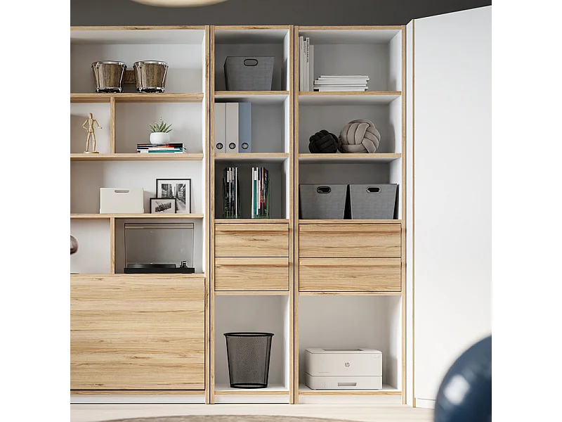 Colonne / Bibliothèque L. 44 cm 2 tiroirs décor blanc et chêne - CONAN