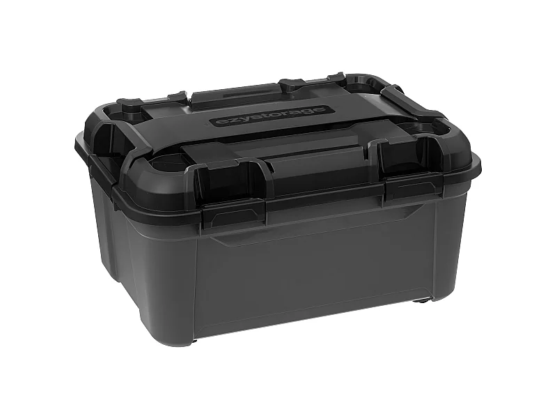 Boîte de rangement en polypropylène noir 120L avec roues et fermeture à clip