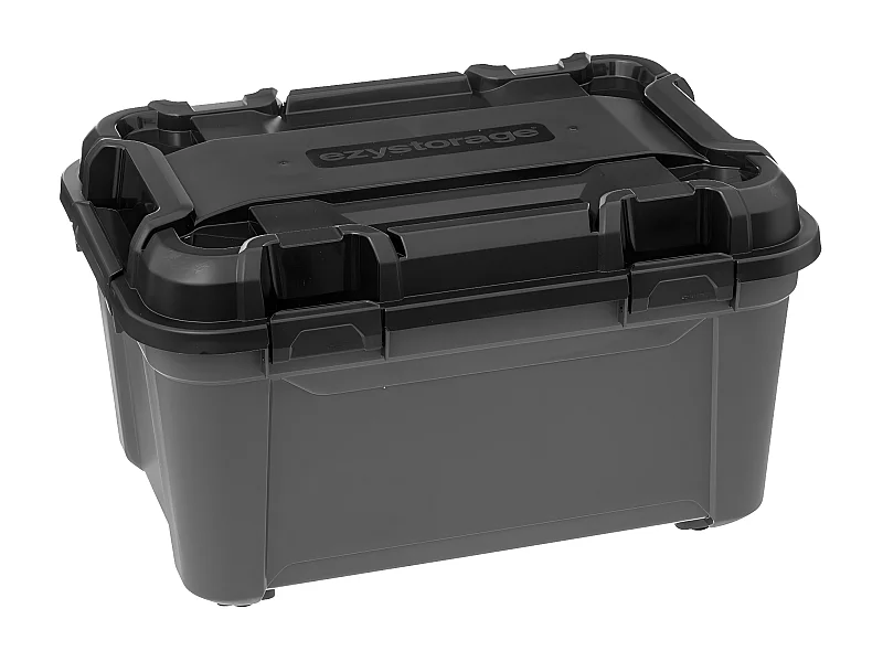 Boîte de rangement en polypropylène noir 80L avec roues et fermeture à clip