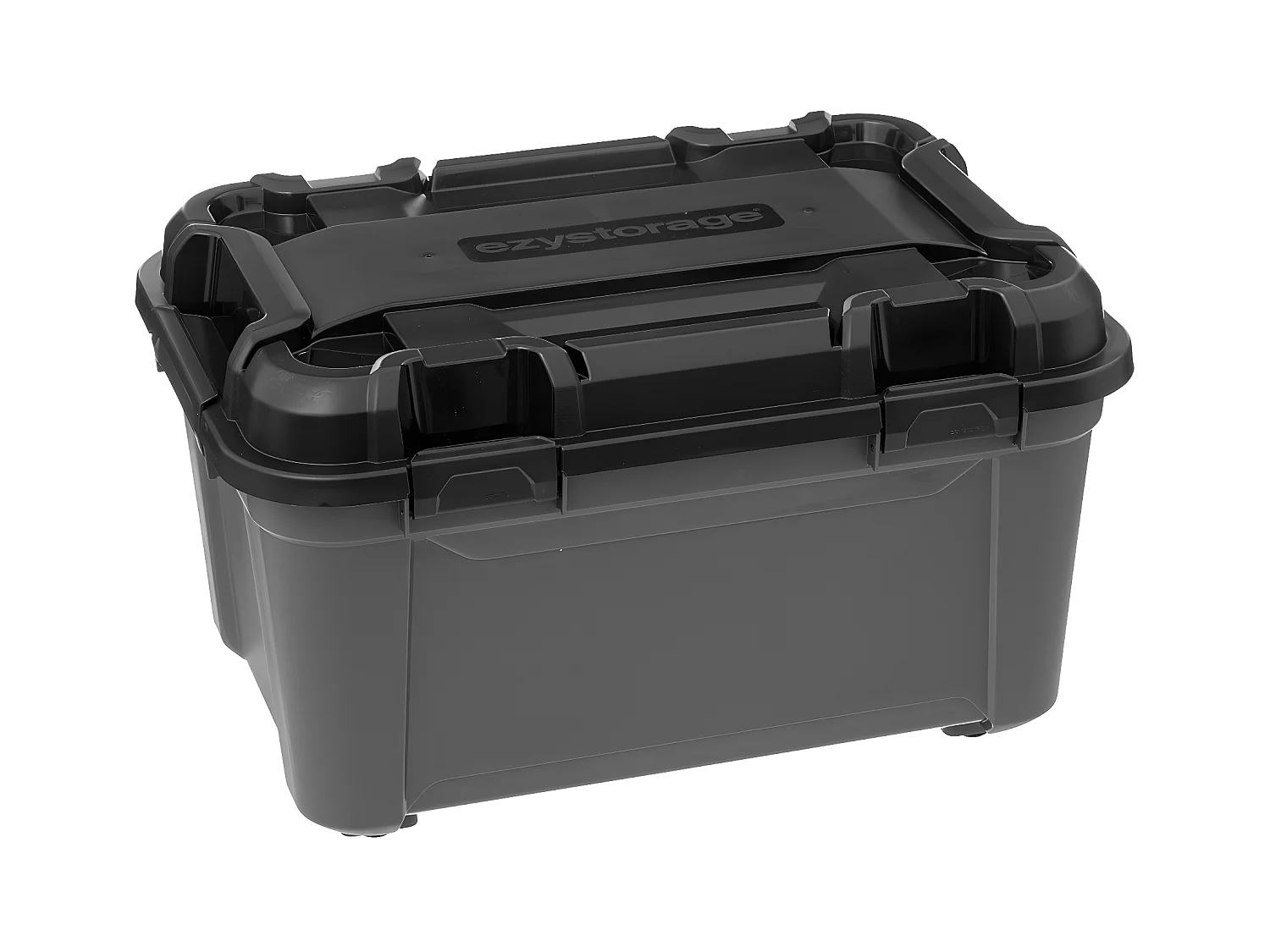Boîte de rangement en polypropylène noir 80L avec roues et fermeture à clip