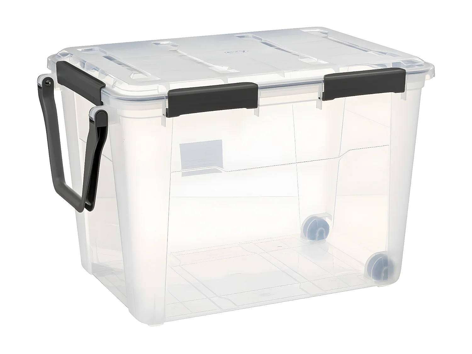 Boîte de rangement en polypropylène transparent 100L fermeture à clip et roues