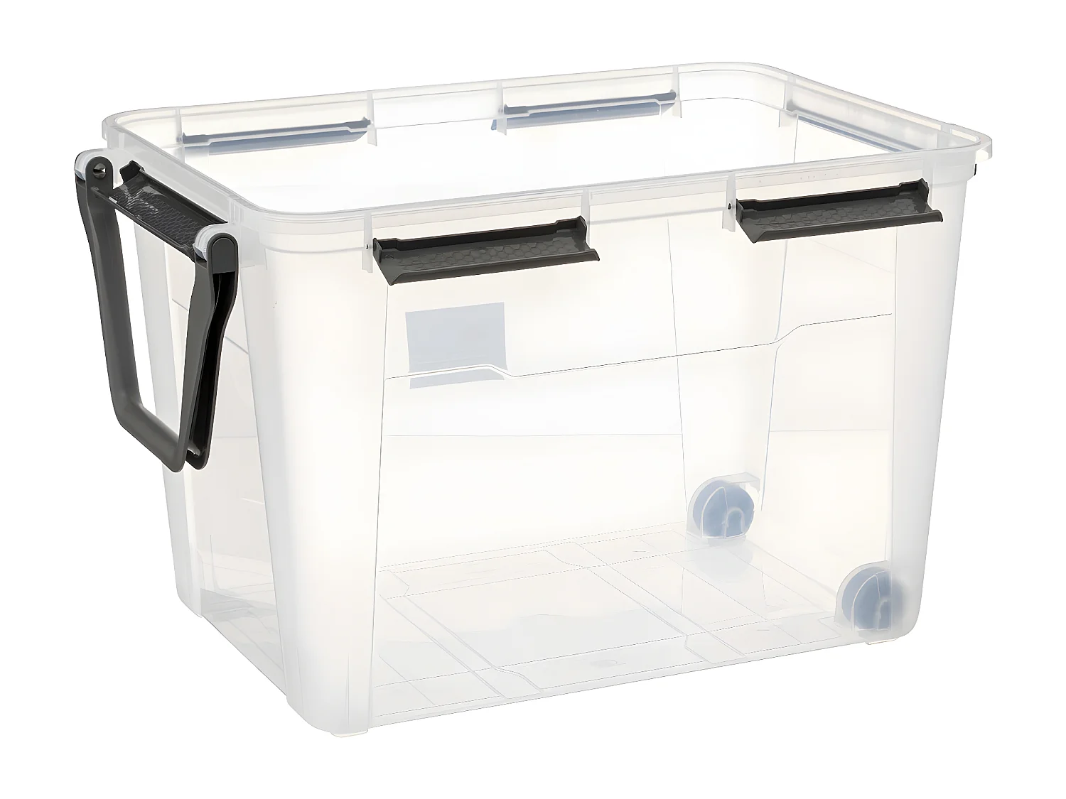 Boîte de rangement en polypropylène transparent 100L fermeture à clip et roues