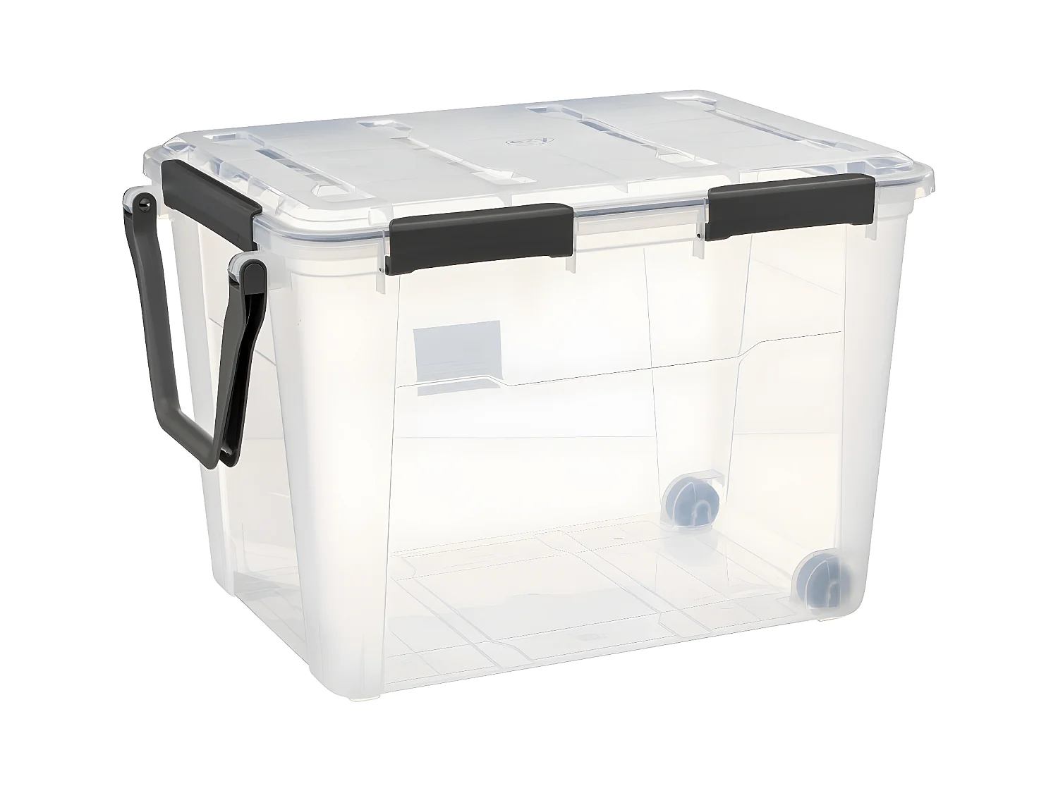 Boîte de rangement en polypropylène transparent 100L fermeture à clip et roues