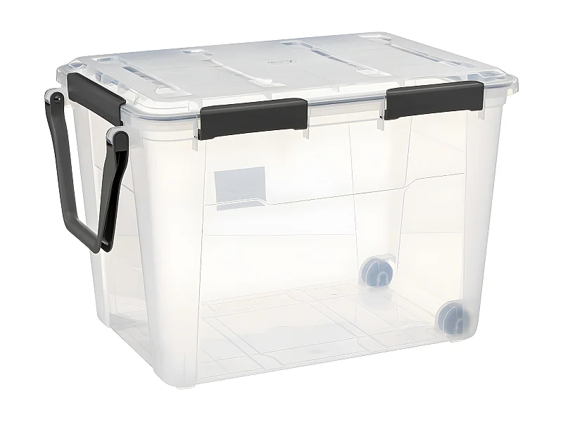 Boîte de rangement en polypropylène transparent 100L fermeture à clip et roues
