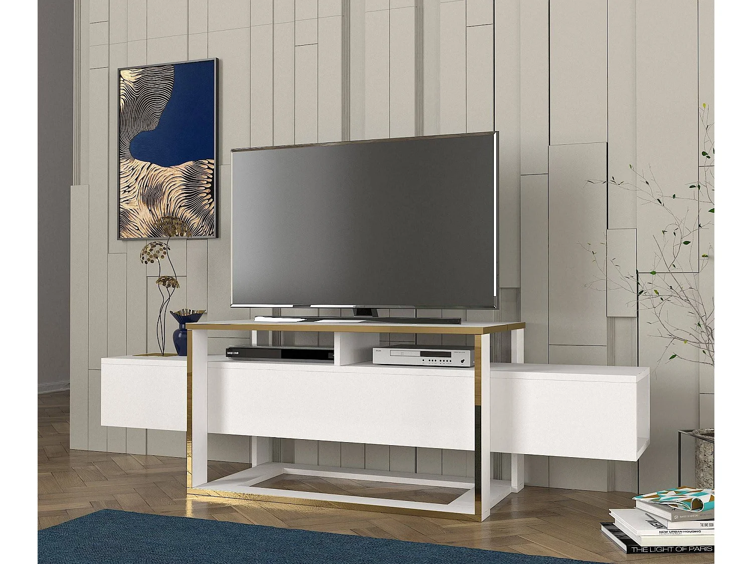 Mueble de TV – 160 cm de ancho – Blanco y Dorado – MDF