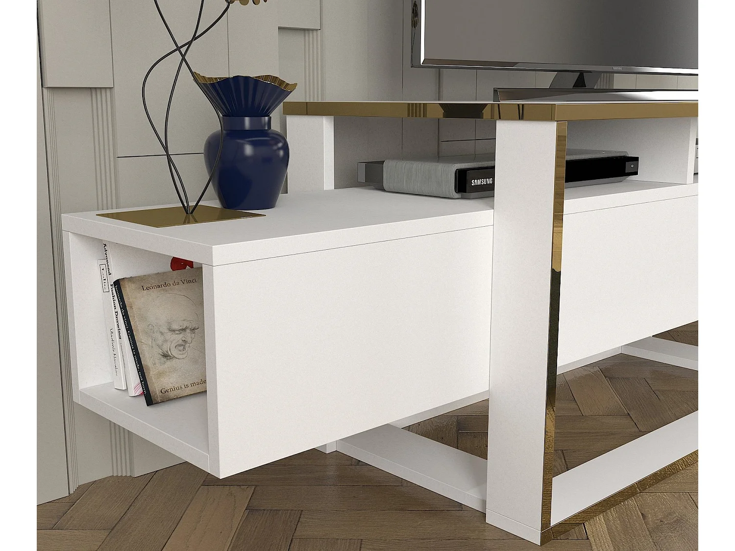 Mueble de TV – 160 cm de ancho – Blanco y Dorado – MDF