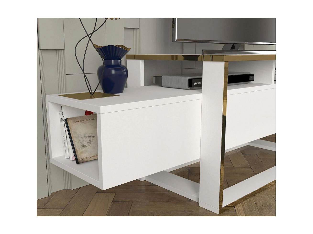 Mueble de TV – 160 cm de ancho – Blanco y Dorado – MDF