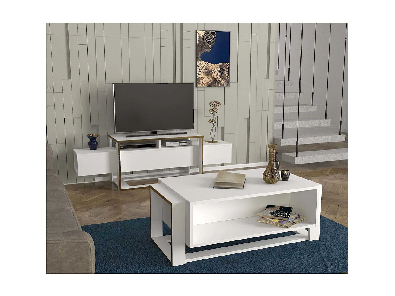 Mueble de TV – 160 cm de ancho – Blanco y Dorado – MDF