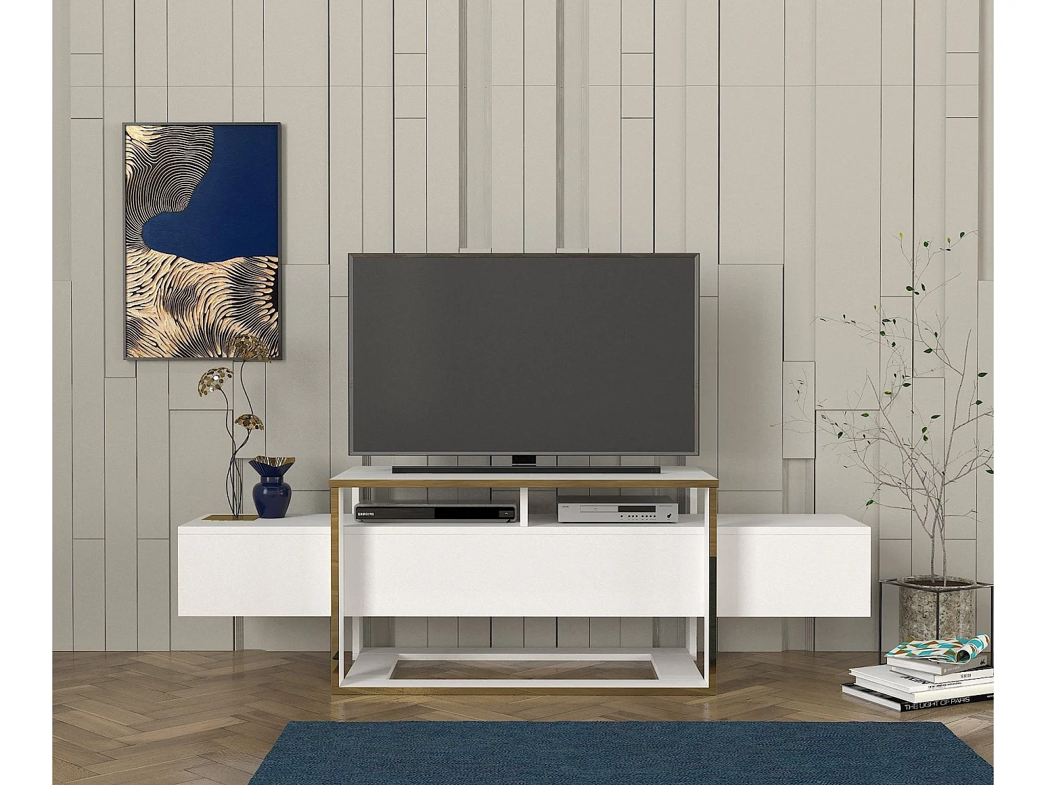 Móvel de TV – 160 cm largura – Branco e Dourado – MDF