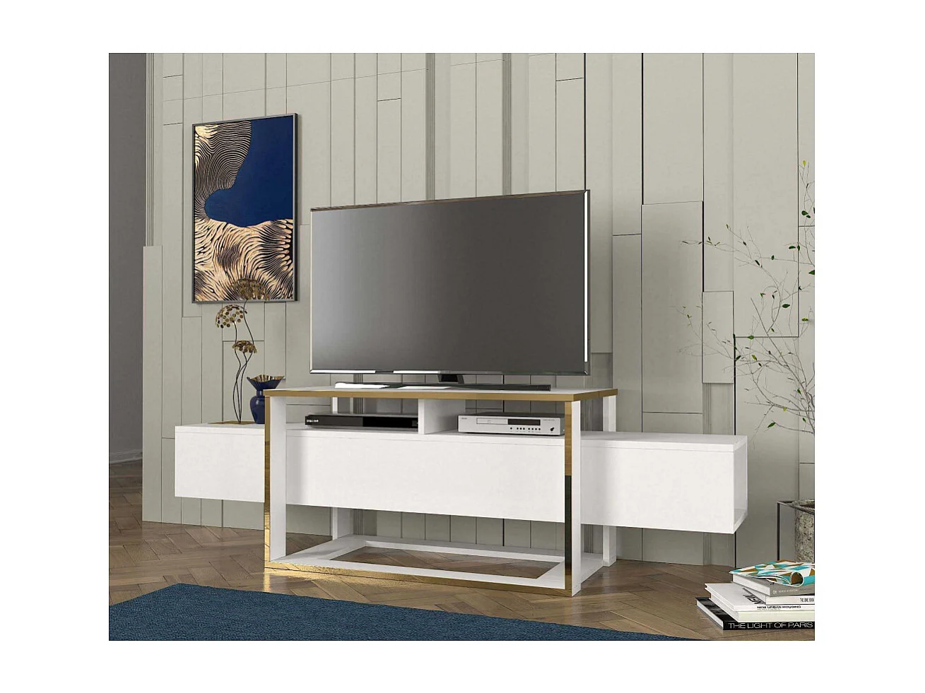 Móvel de TV – 160 cm largura – Branco e Dourado – MDF
