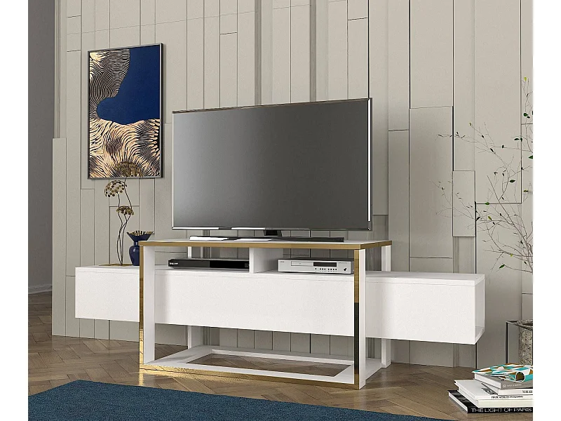 Mueble de TV – 160 cm de ancho – Blanco y Dorado – MDF