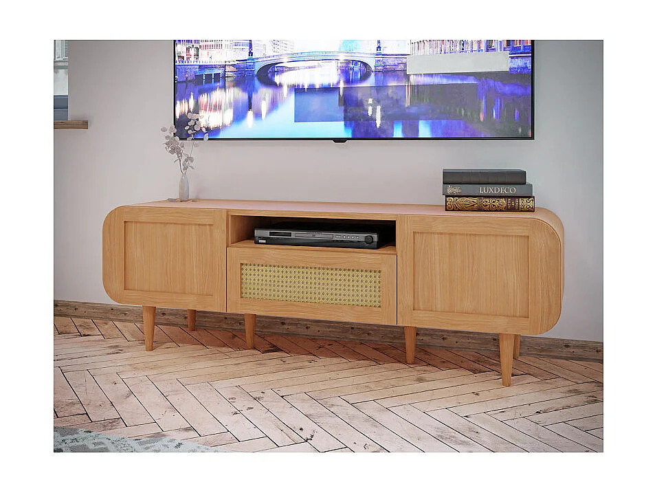 Meuble TV L. 160 cm décor chêne cannage rotin pieds en bois - VIVIAN