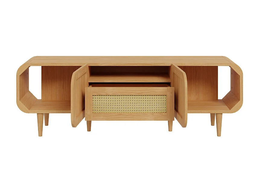 Meuble TV L. 160 cm décor chêne cannage rotin pieds en bois - VIVIAN