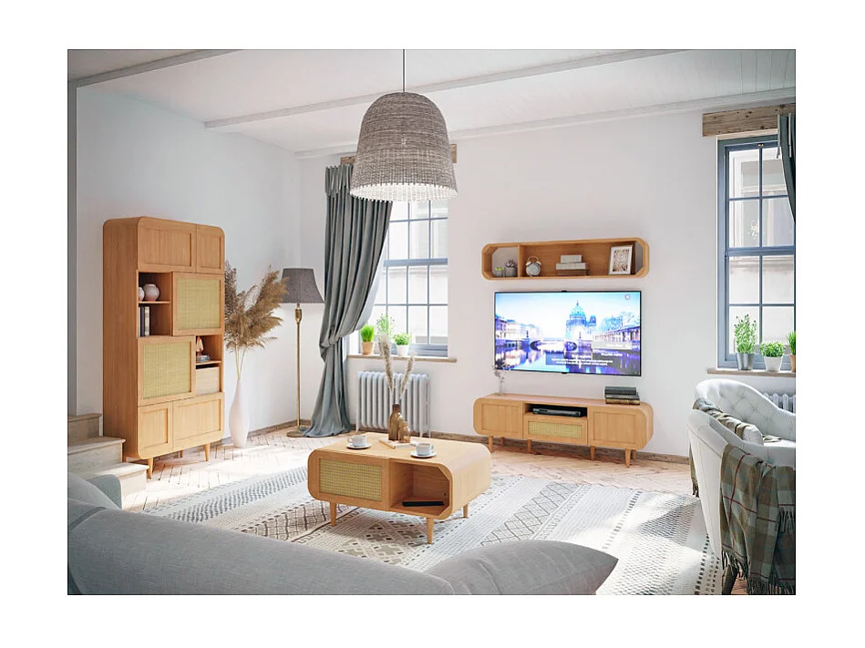 Meuble TV L. 160 cm décor chêne cannage rotin pieds en bois - VIVIAN