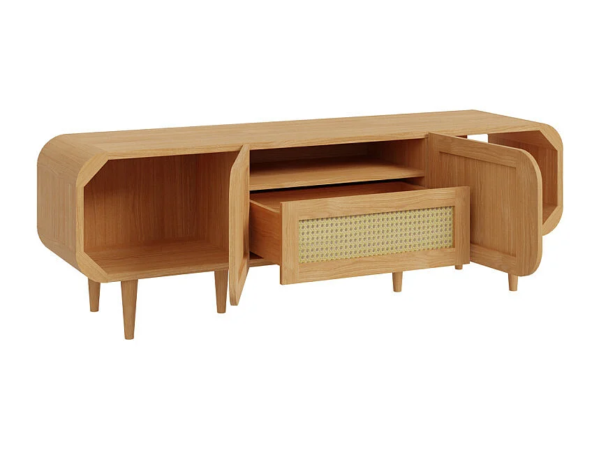 Meuble TV L. 160 cm décor chêne cannage rotin pieds en bois - VIVIAN