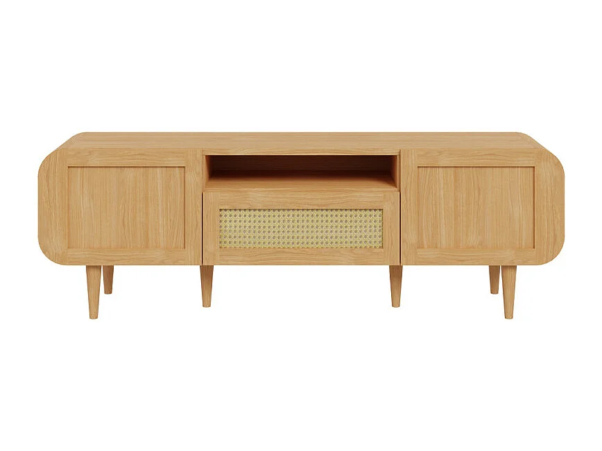 Meuble TV L. 160 cm décor chêne cannage rotin pieds en bois - VIVIAN