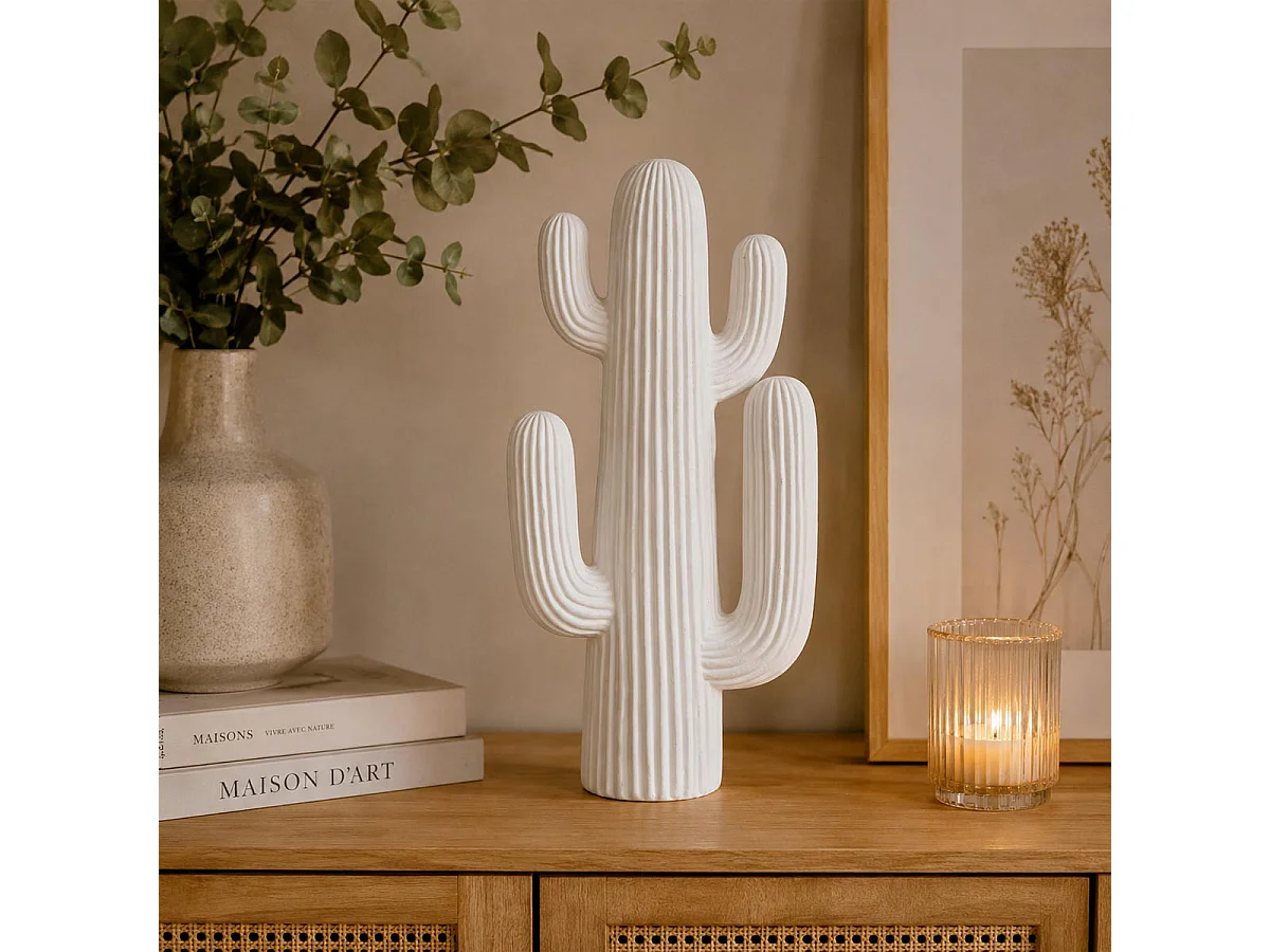 Objet déco Cactus Blanc en magnésie H 38 cm