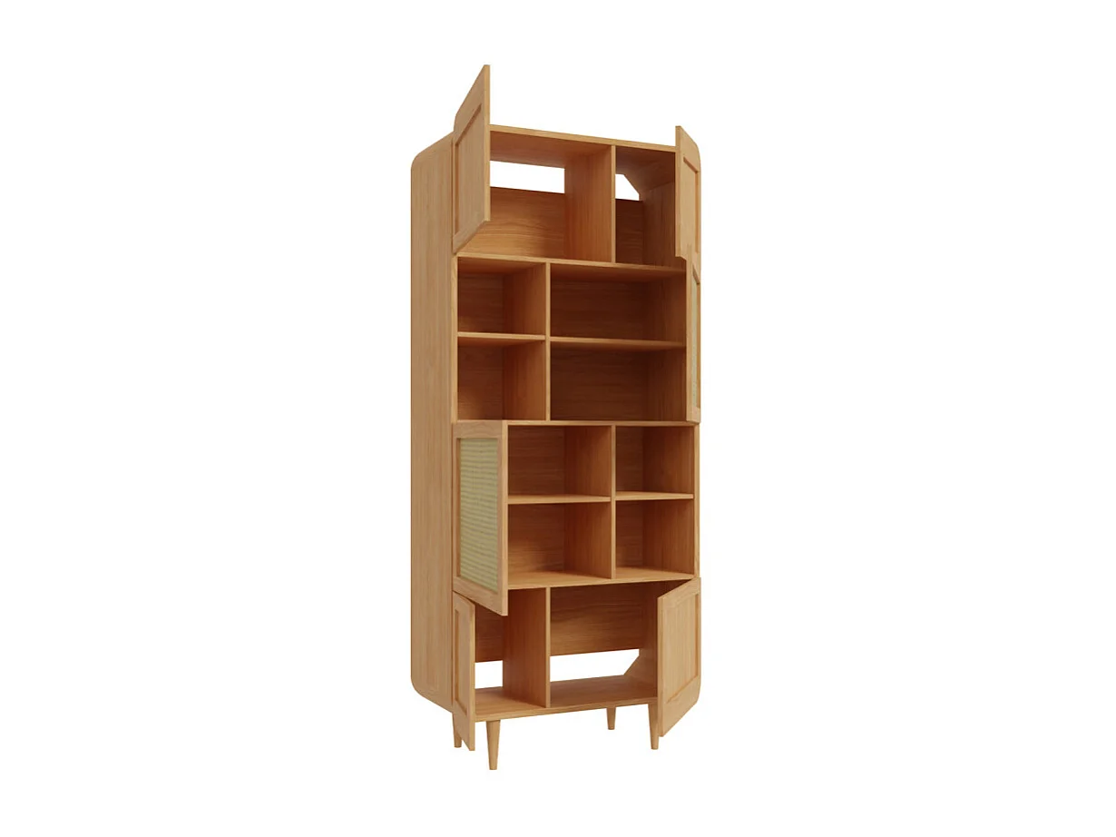 Vaisselier H. 212 cm décor chêne cannage rotin pieds en bois - VIVIAN