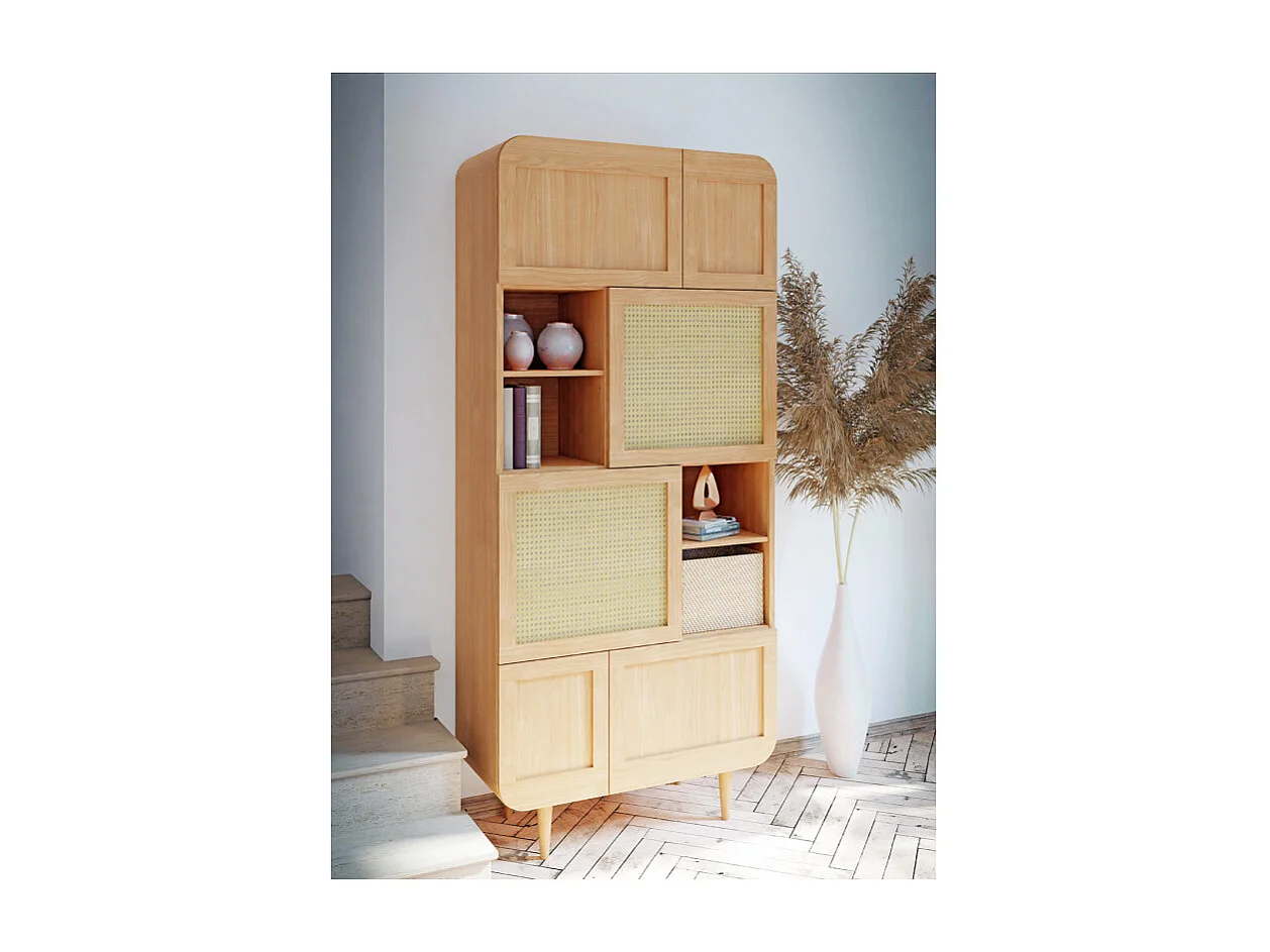 Vaisselier H. 212 cm décor chêne cannage rotin pieds en bois - VIVIAN