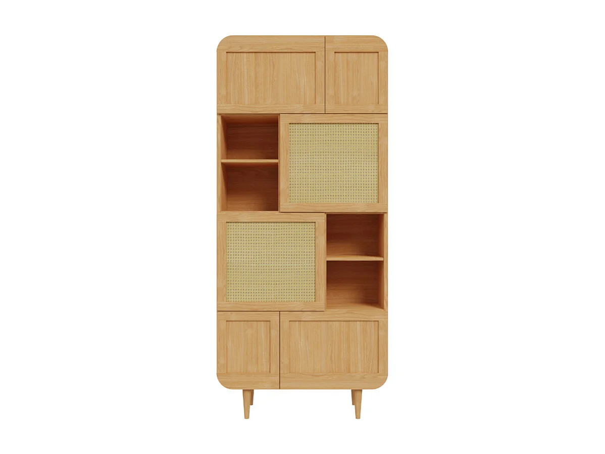 Vaisselier H. 212 cm décor chêne cannage rotin pieds en bois - VIVIAN
