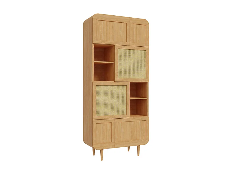Vaisselier H. 212 cm décor chêne cannage rotin pieds en bois - VIVIAN