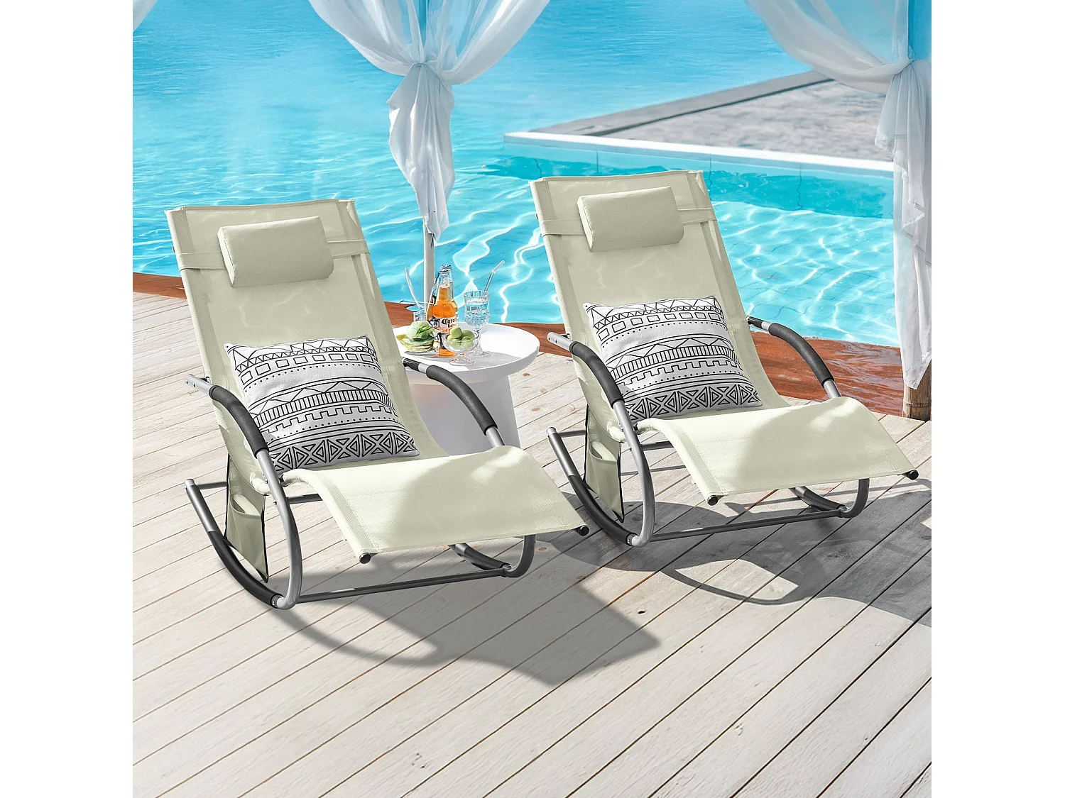 SoBuy 2 X Sdraio da giardino Poltrone a dondolo con poggiatesta e tasca Beige OGS28-MIX2