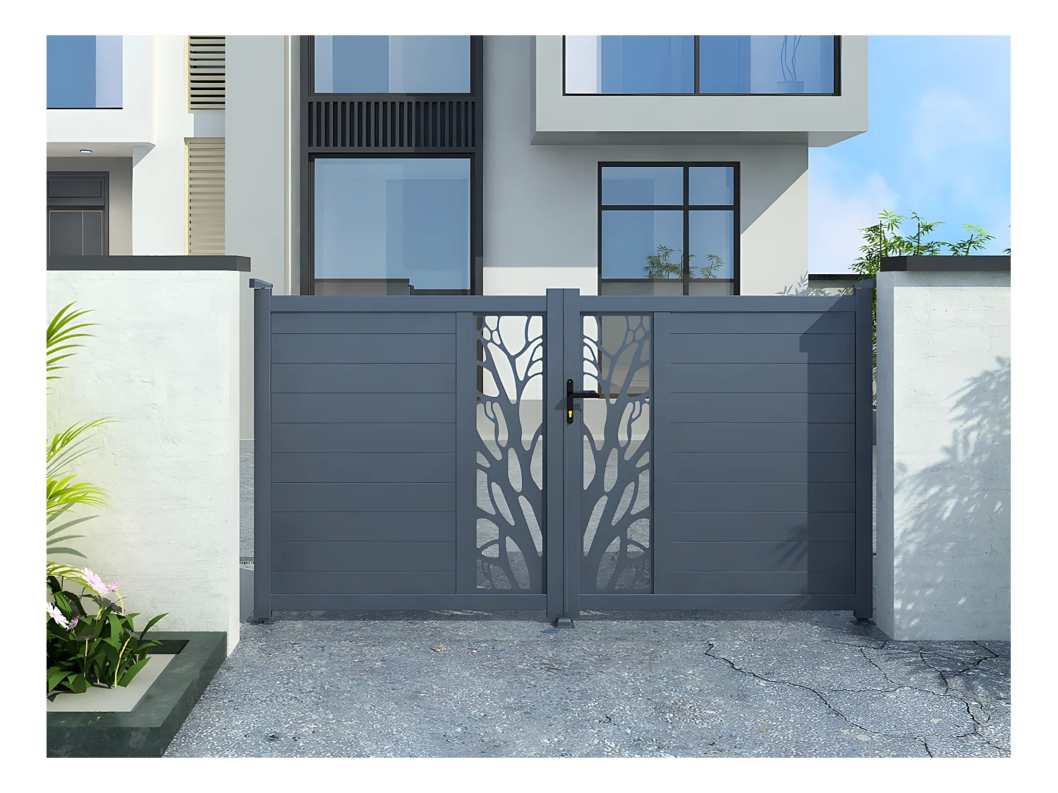 Portail électrique battant aluminium semi ajouré à motifs L407 x H187 cm anthracite LABRIT II