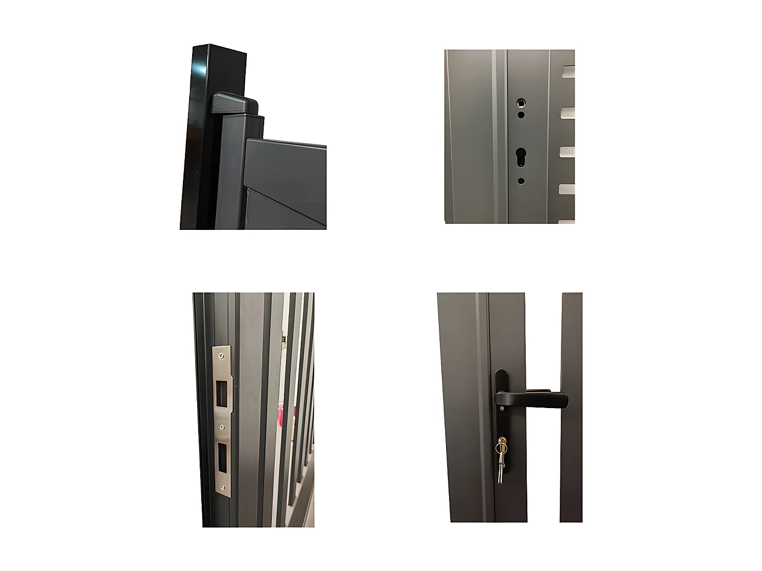 Elektrische, opendraaiende, half opengewerkte aluminium tuinpoort met motieven L400 x H179 cm donkergrijs in kit LABRIT II