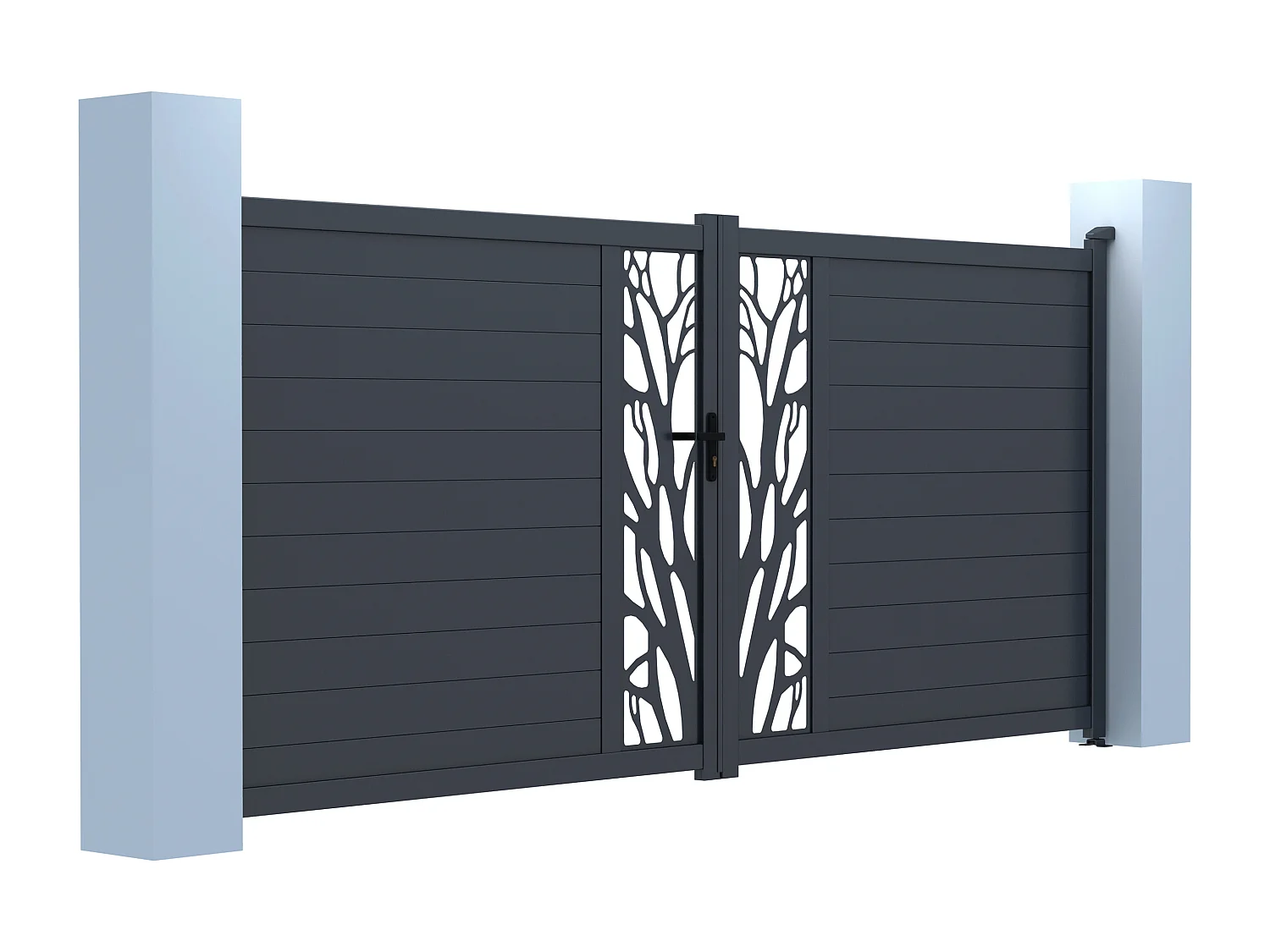 Elektrische, opendraaiende, half opengewerkte aluminium tuinpoort met motieven L400 x H179 cm donkergrijs in kit LABRIT II