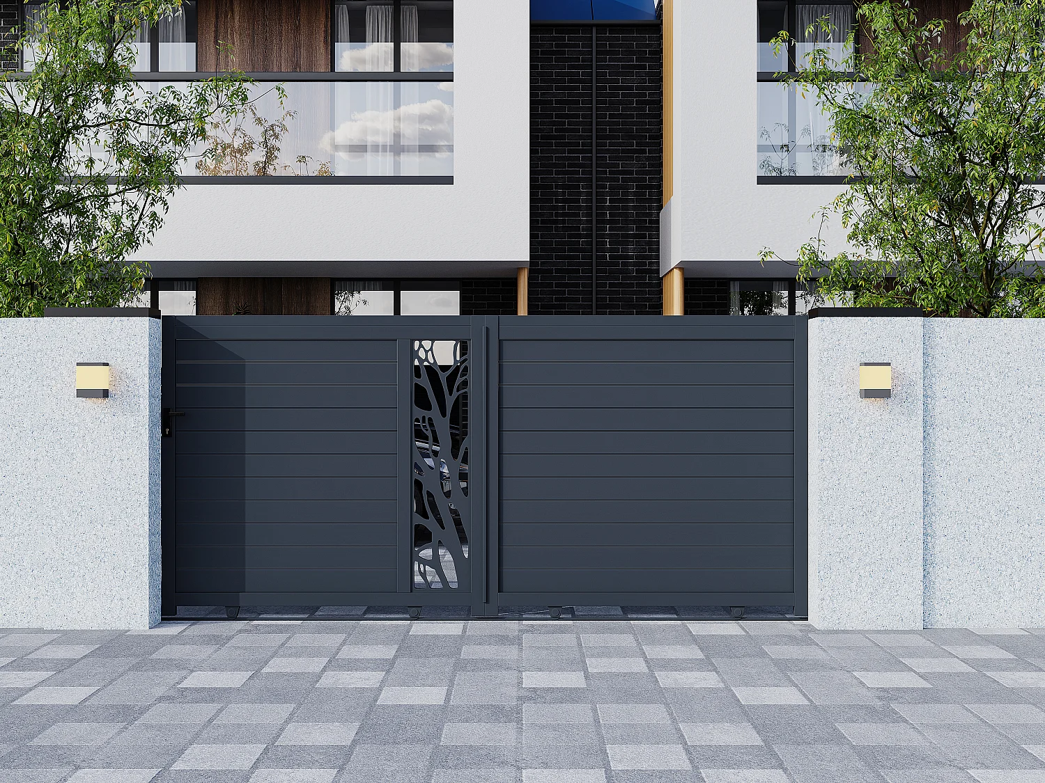 Gartentor Schiebetor mit Torantrieb - 400 x 187 cm - Aluminium - halb durchbrochen - Muster - Anthrazit - LABRIT II