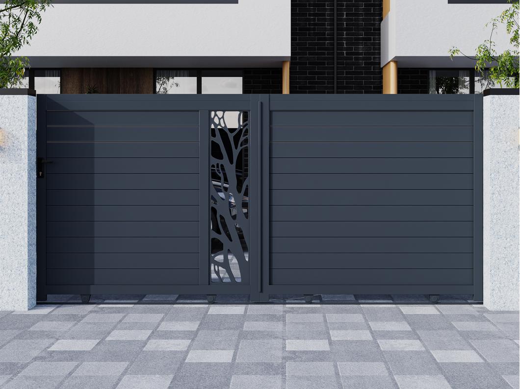 Gartentor Schiebetor mit Torantrieb - 400 x 187 cm - Aluminium - halb durchbrochen - Muster - Anthrazit - LABRIT II
