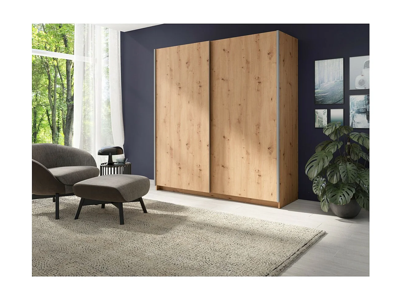 Kleiderschrank mit 2 Schiebetüren - Kollektion GOZU - Farbe Eichenoptik - 180 x 198 x 62 cm