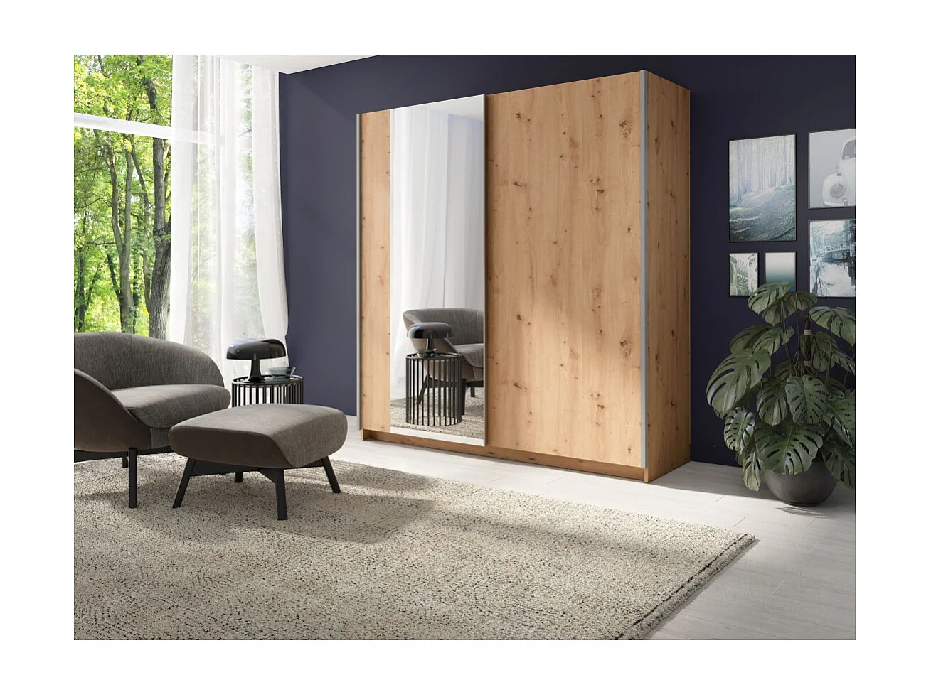 Armadio GOZU 2 porte scorrevoli con specchio - Colore Rovere Artigiano - 180 x 198 x 62 cm