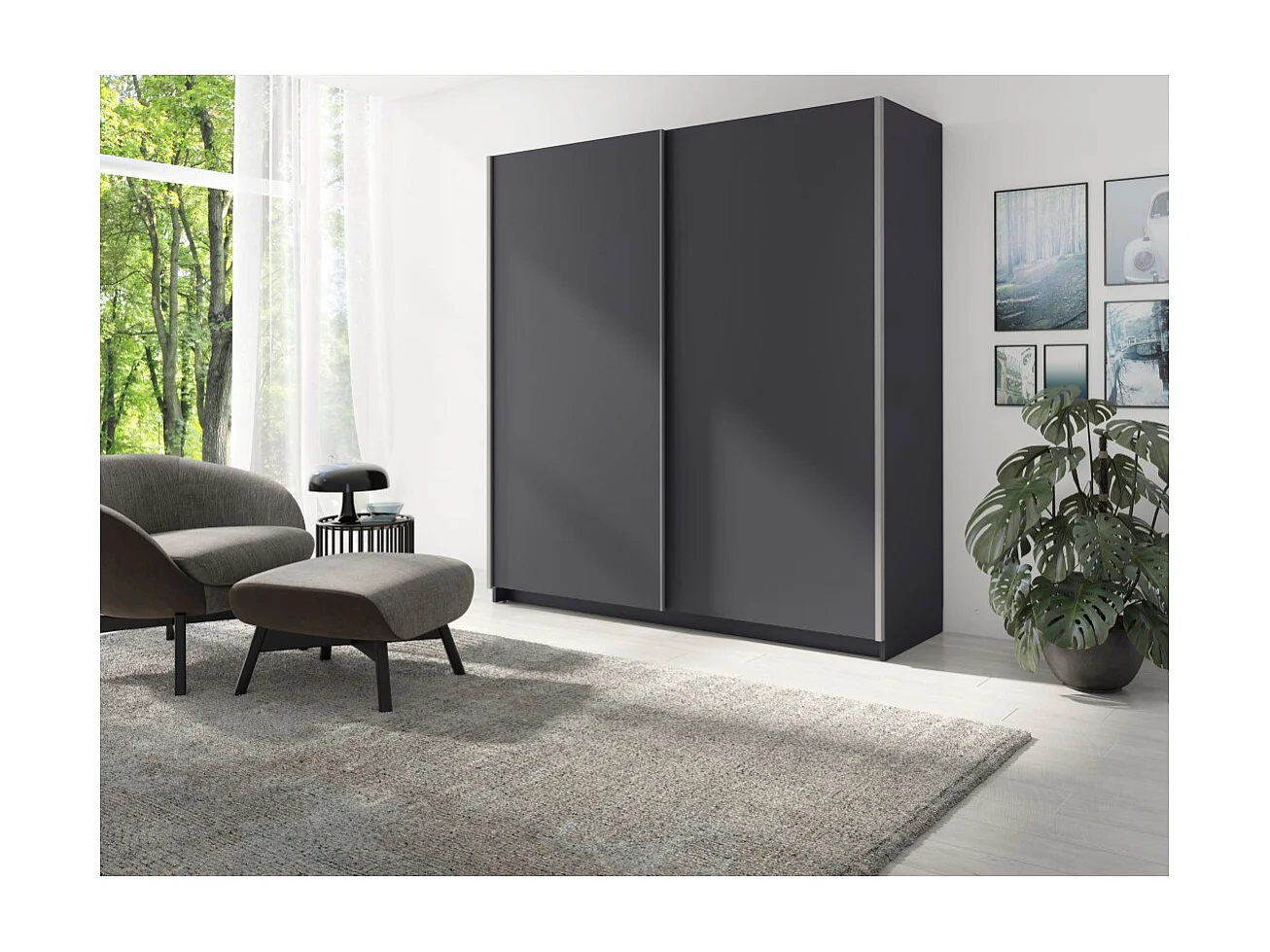 Schwebetürenschrank 2 Türen - Kollektion GOZU - Farbe Graphitgrau - 180 x 198 x 62 cm