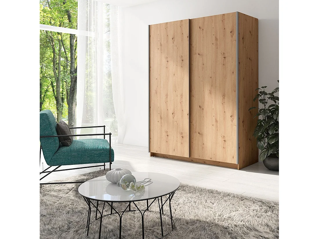 Armoire 2 portes coulissantes - Collection GOZU - Coloris chêne artisan - 150 x 198 x 62 cm