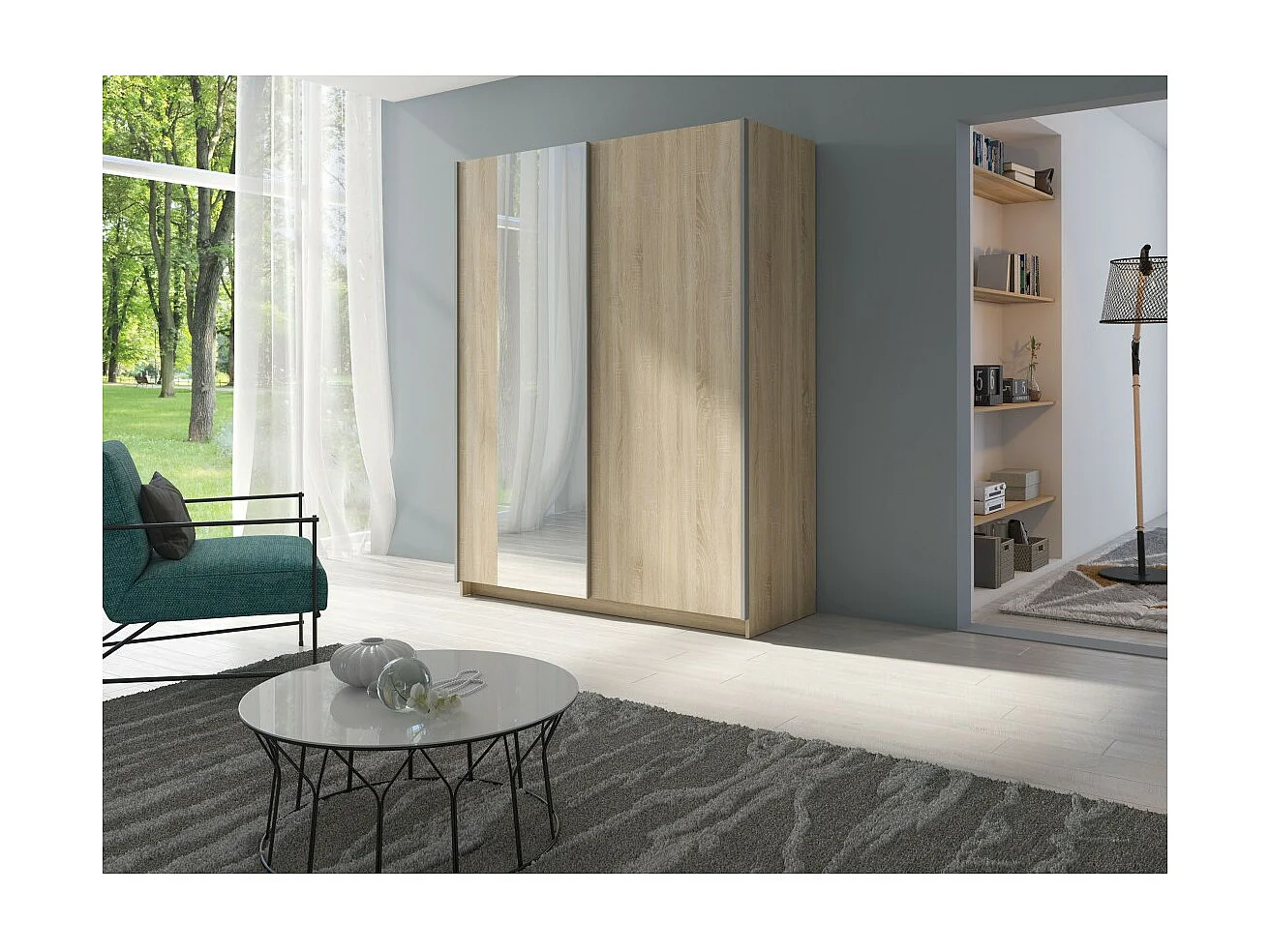 Kledingkast met 2 schuifdeuren en spiegel - GOZU collectie - Sonoma eiken kleur - 150 x 198 x 62 cm