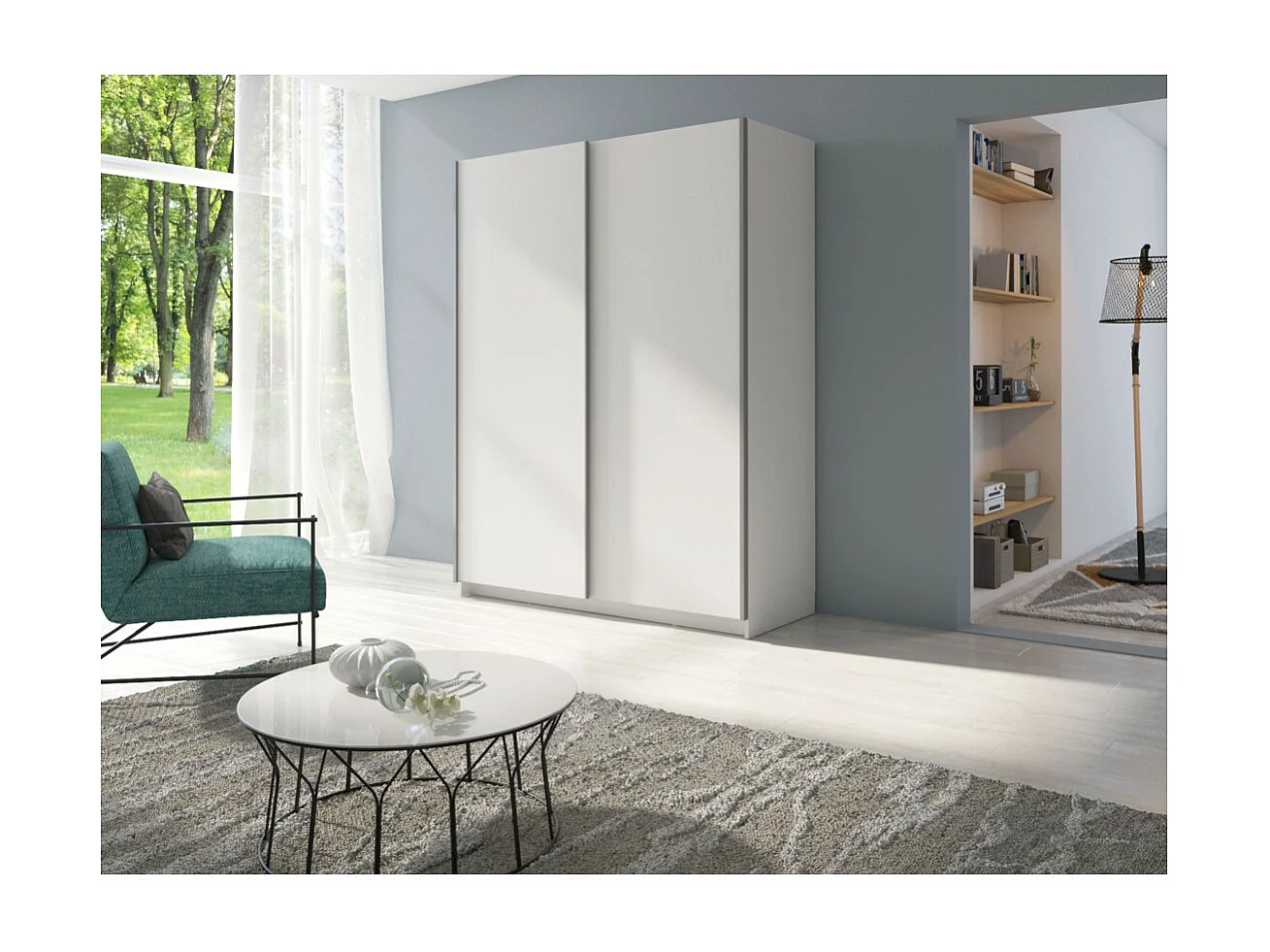 Armário, guarda-roupa GOZU 150 cm com duas portas de correr. Closet completo com cabideiro e prateleiras. Cor branco.