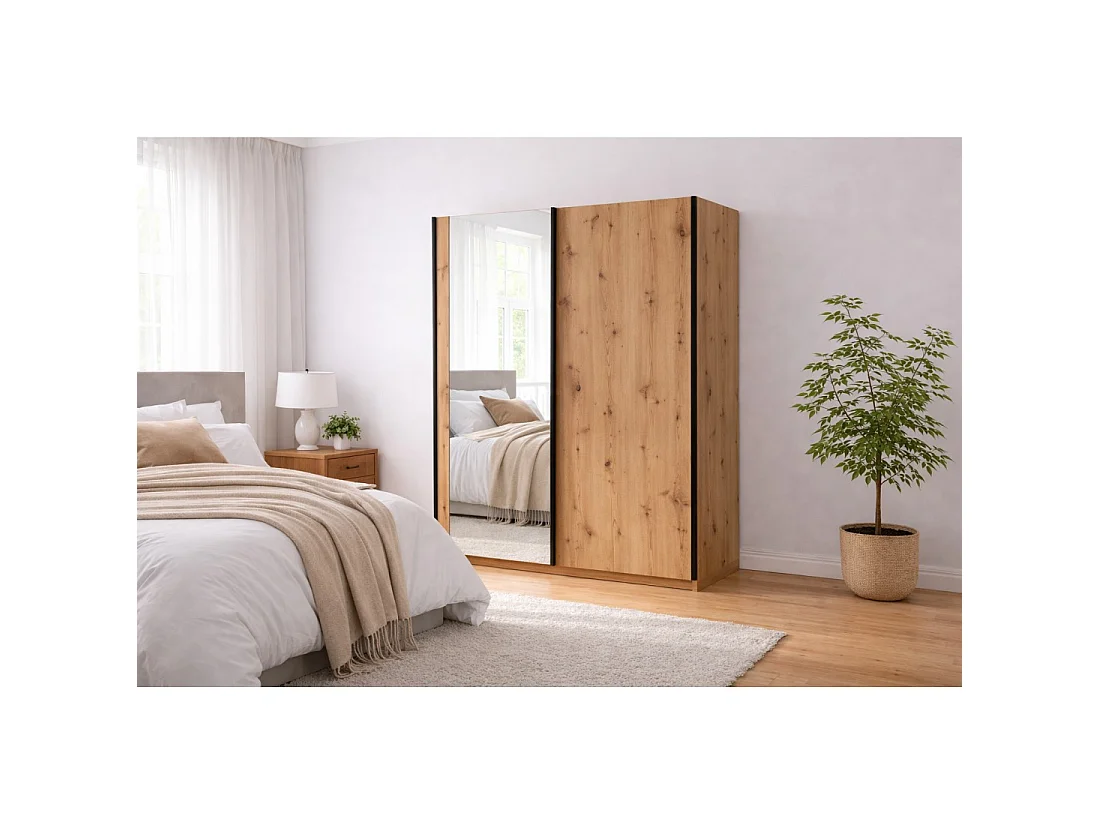 Armario de 2 puertas correderas con espejo - Colección GOZU - Color roble artesano - 150 x 198 x 62 cm