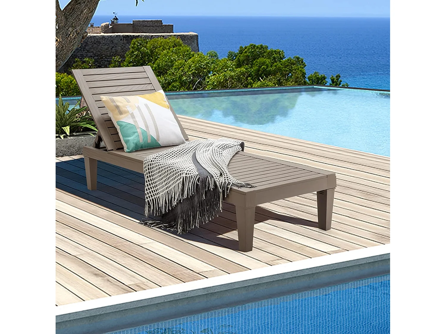 Bain de Soleil Réglable Chaise Longue Résistante aux Intempéries et à la Rouille pour Terrasse Plage Balcon Charge 180KG Café