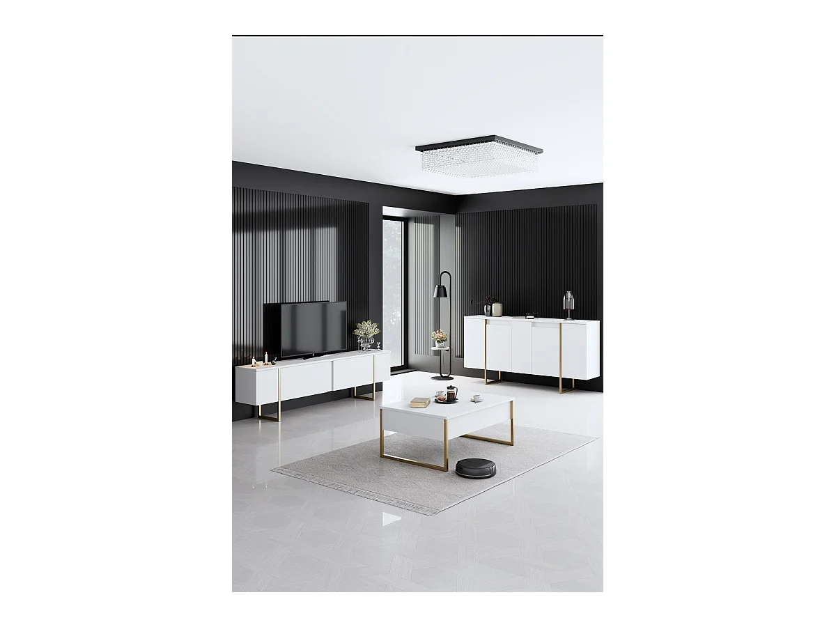 Ensemble meuble de salon 3 pièces Sibylle Métal Or et Bois Blanc