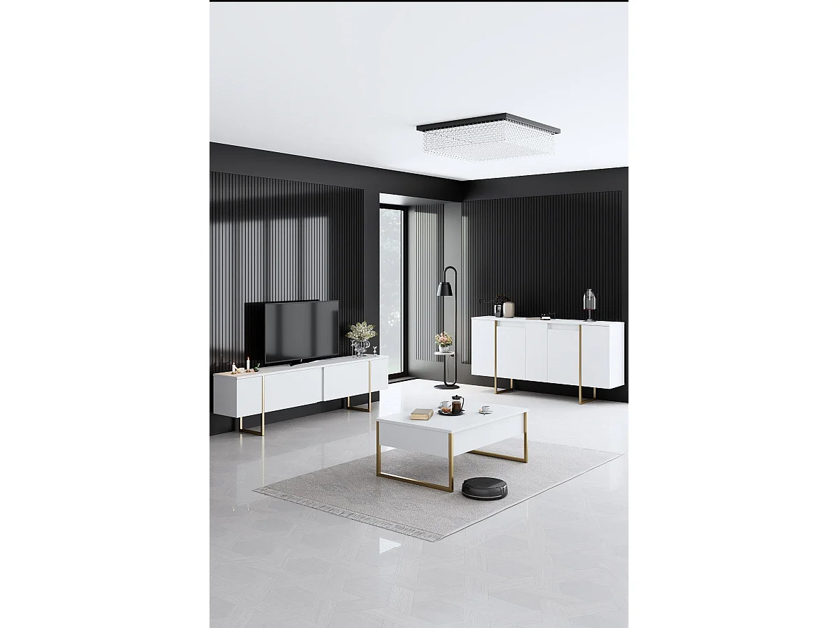 Ensemble meuble de salon 3 pièces Sibylle Métal Or et Bois Blanc