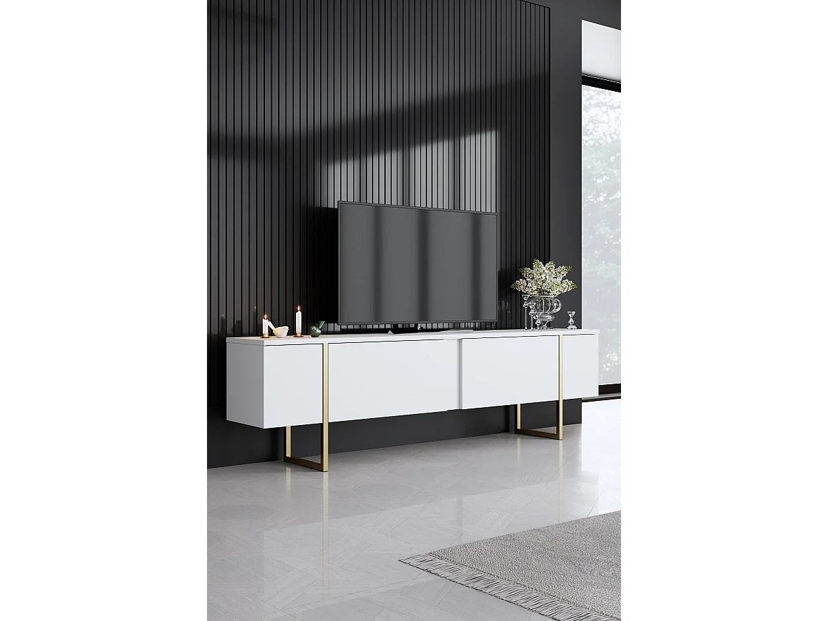 Ensemble meuble de salon 3 pièces Sibylle Métal Or et Bois Blanc