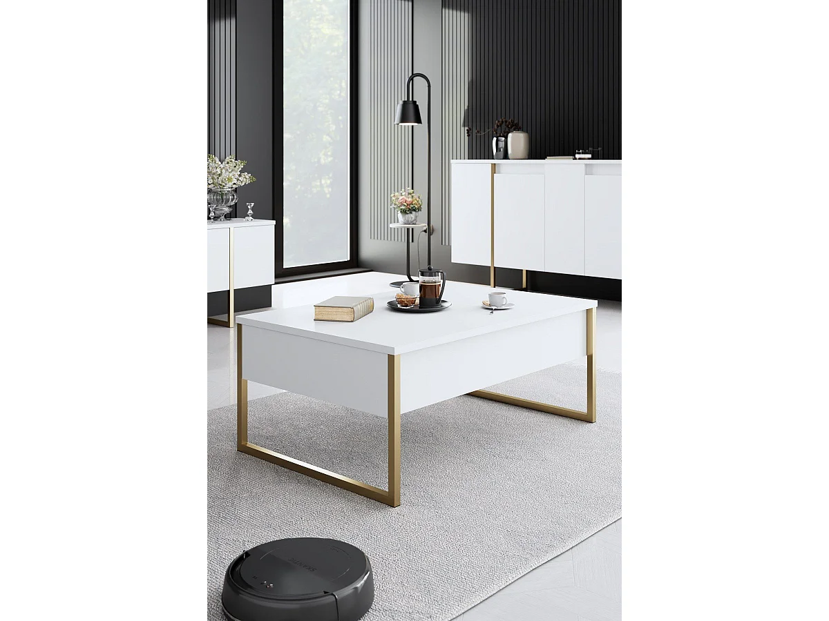 Ensemble meuble de salon 3 pièces Sibylle Métal Or et Bois Blanc